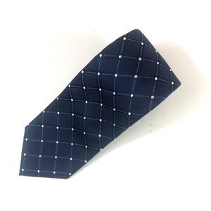 HATHAWAY 100% Silk Tie Navy Blue White Dot Diamond Grid Textured Knit Pattern